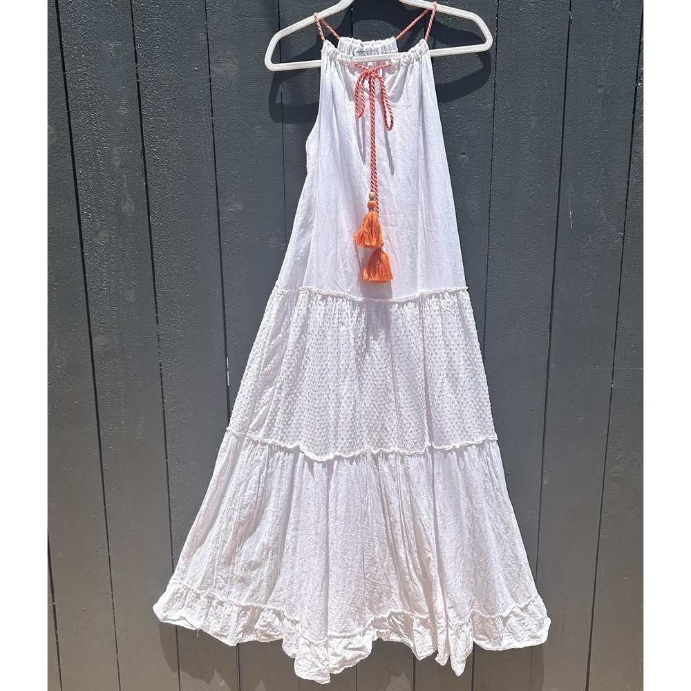 Boho Cottage Maxi Halter Dress Med Resort Euro Summer Tiered Tassel Swiss Dot